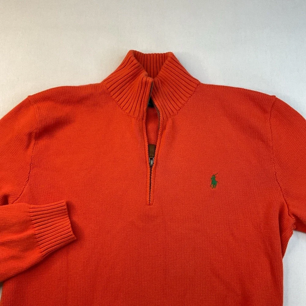 Vintage Polo Ralph Lauren Sweater Men Sz L Knit 1/4 Zip Pullover 90s Orange Pony